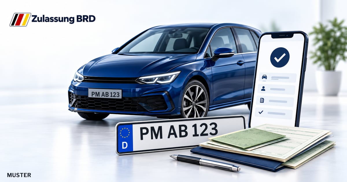Online Fahrzeugzulassung in Stahnsdorf: Musterkennzeichen PM AB 123, Auto und Fahrzeugpapiere und Smartphone. Illustration mit Logo von Zulassung BRD.
